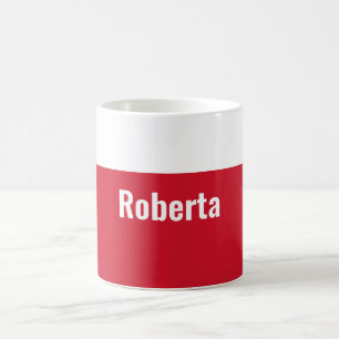 Minimalistiskt enkelt, rött, vitt namn kaffemugg