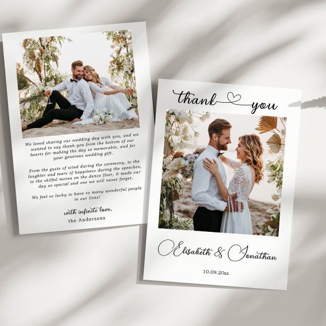 Minimalistiskt enkelt skript Heart 2 Photo Bröllop Tack Kort (Minimalist Simple Script Heart 2 Photo Wedding Thank You Card)