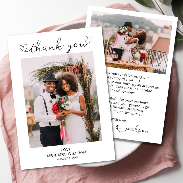 Minimalistiskt enkelt skript med Heart Bröllop Pho Tack Kort (DOUBLE SIDE PHOTO WEDDING THANK YOU CARD)
