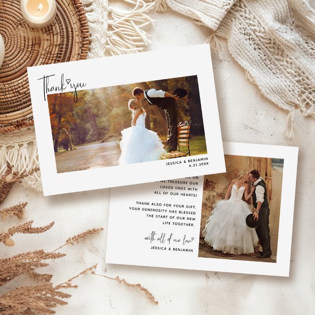 Minimalistiskt enkelt skript med Heart Bröllop Pho Tack Kort (Skapare uppladdad)