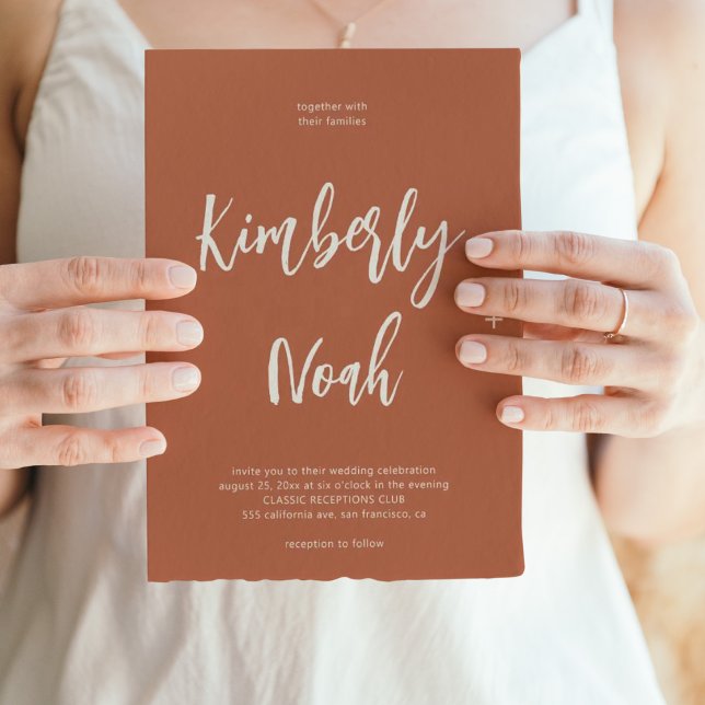 Minimalistiskt enkelt skript terracotta bröllop inbjudningar (Skapare uppladdad)
