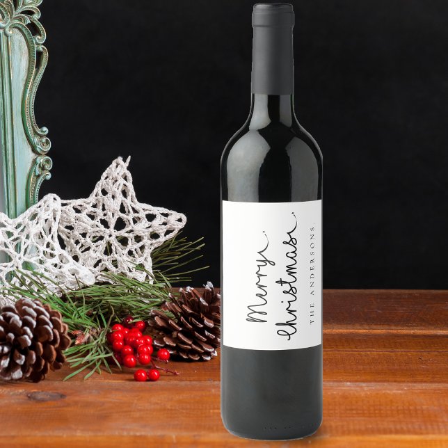 Minimalistiskt enkelt Svartvit Namn God jul Vinflaska Etikett (Minimalist Simple Black White Name Merry Christmas Wine Label)