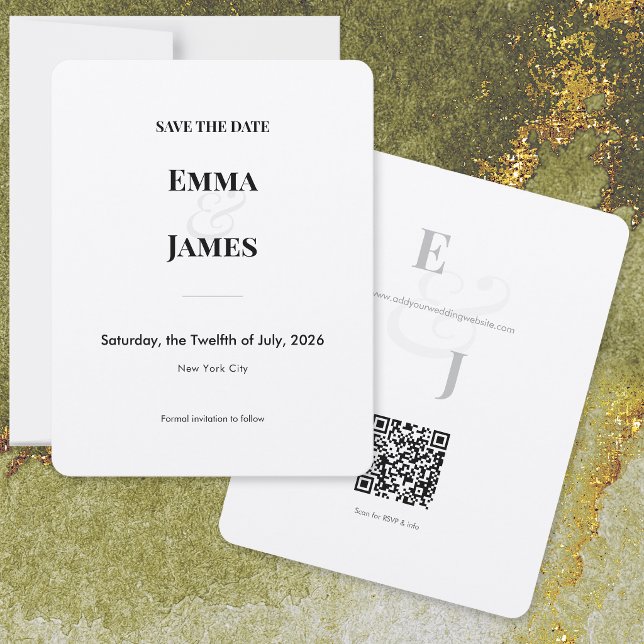 Minimalistiskt et-tecken Spara datum | Bröllopskor Datumet (A minimalist black‑and‑white Save the Date card featuring a clean, typography‑forward layout. )