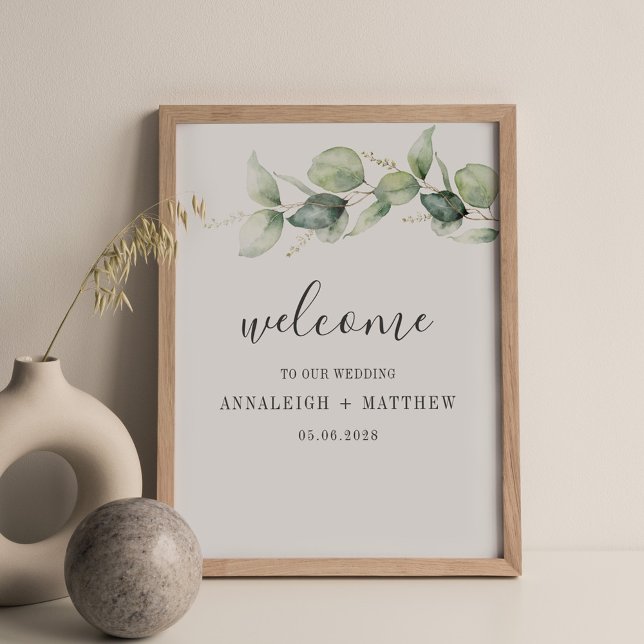 Minimalistiskt Eucalyptus Löv Script Bröllop Poster (Eucalyptus Wedding Welcome Sign)