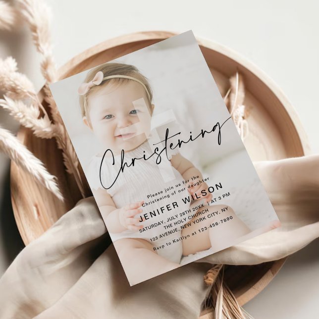 Minimalistiskt falligrafi Christening Baptism Phot Inbjudningar (Skapare uppladdad)
