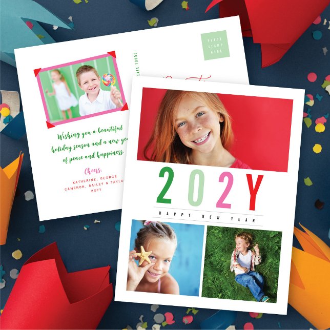 Minimalistiskt färgfyllt år 3 fotomodern enkelt helg vykort (Minimalist Colorful Year 3 Photo Modern Simple Holiday Postcard @ fat_fa_tin)