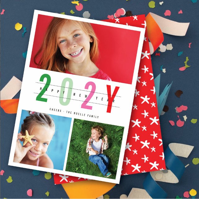 Minimalistiskt färgfyllt år 3 fotomodern enkelt julkort (Minimalist Colorful Year 2 Photo Modern Simple New Year Holiday Card @ fat_fa_tin)