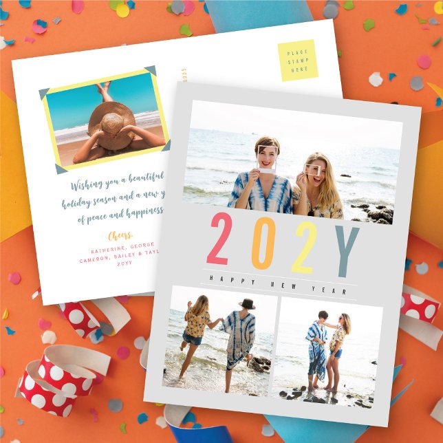 Minimalistiskt färgfyllt år enkelt 3 fotomodern helg vykort (Minimalist Colorful Year Simple 3 Photo Modern Holiday Postcard @ fat_fa_tin)