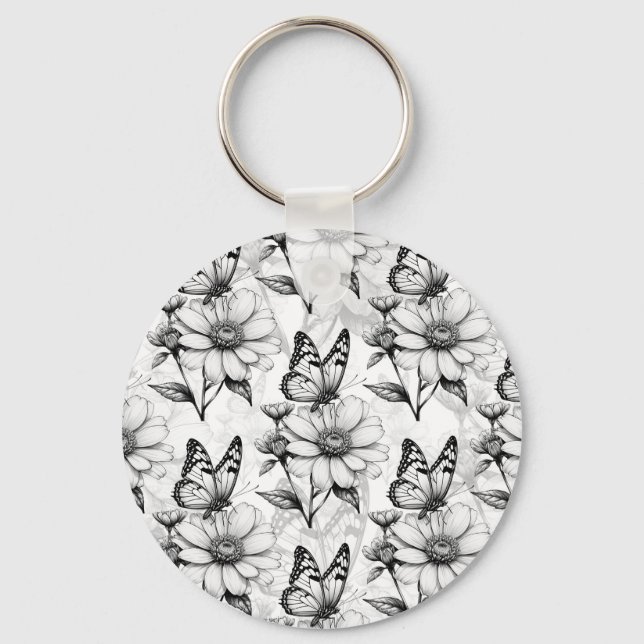 Minimalistiskt fjäril på Flower Mönster Design Nyckelring (Framsida)