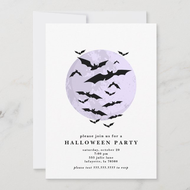 Minimalistiskt Fladdermus Full Moon Halloween fest Inbjudningar (Framsida)