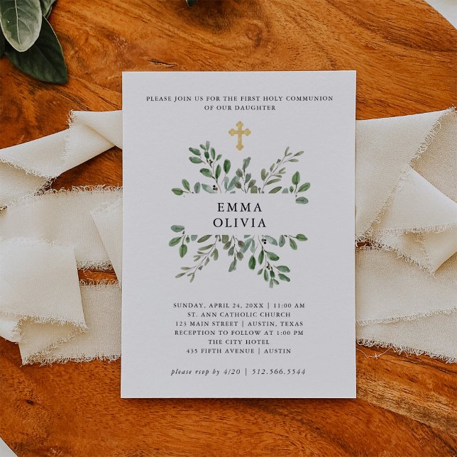 Minimalistiskt Foliage First Heliga Communion Guld Inbjudningar (Skapare uppladdad)