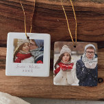Minimalistiskt fotfoto av Ro Guld Keepsaké Julgransprydnad Keramik<br><div class="desc">Denna minimalistiska ro guld-par keepsaké,  fotokeramisk prydnad,  är perfekten enkel dekoration i Julgran. Utformningen har klassisk  rosa och vit typografi parad med ett skript av rustik men elegant med handskrivet stil. Anpassa framsidan av den här nyckelprydnaden med ett foto,  namn och året. Anpassa baksidan med ett annat foto.</div>