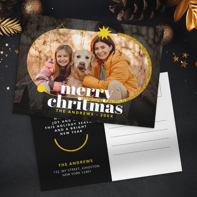 Minimalistiskt fotfoto för julfamiljen Guld Glitte Helg Vykort (Skapare uppladdad)