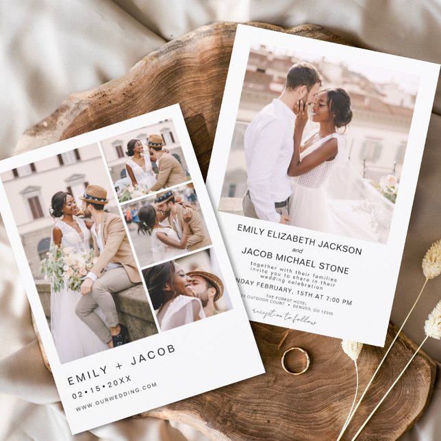 Minimalistiskt foto 5-foto Vita Bröllop Inbjudningar (Skapare uppladdad)