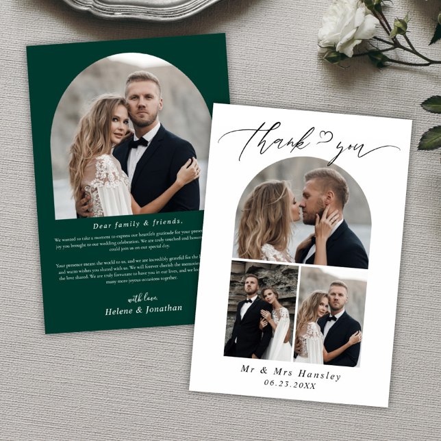 Minimalistiskt foto Arch Emerald Grönt Bröllop Tack Kort (Minimalist Photo Arch Emerald Green Wedding Thank You Card)