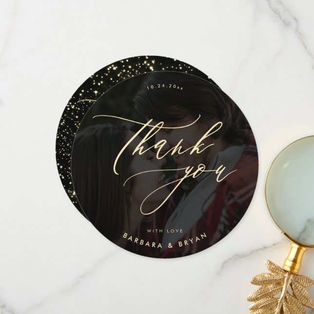 Minimalistiskt foto för Guld-skript Glitter Bröllo Tack Kort (Fram/Back In Situ)