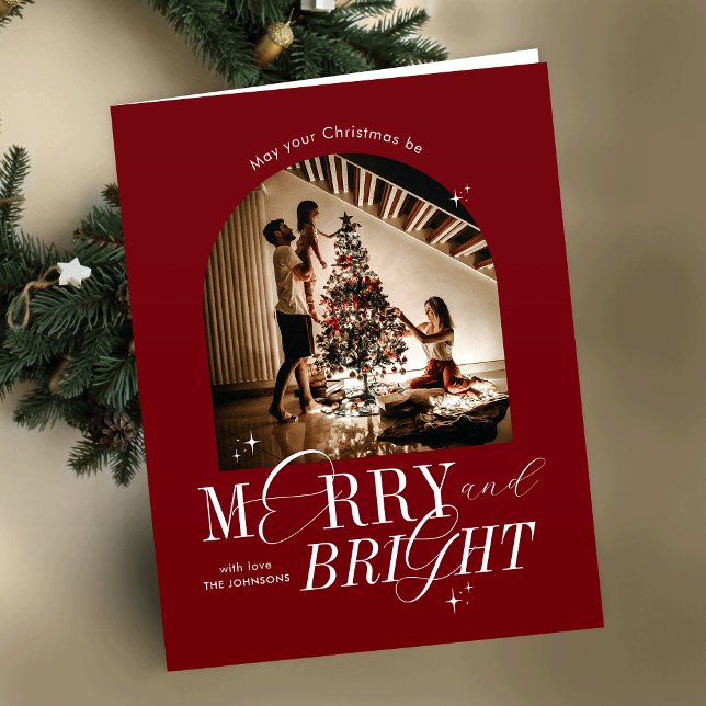 Minimalistiskt foto för Merry & Bright Red Elegant Helgkort (Spread the Christmas cheer with this stylish Merry & Bright photo card)
