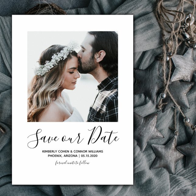 Minimalistiskt foto Spara datum | Vit Spara Datumet (White Minimalist Photo Save the Date)