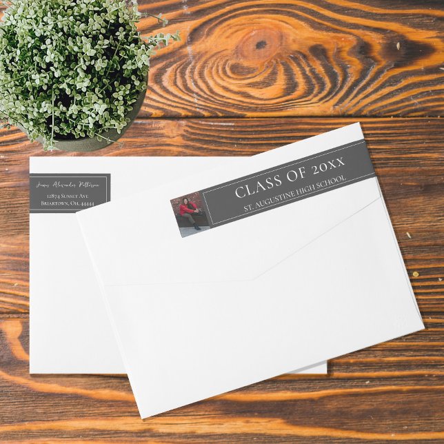 Minimalistiskt foto Studenten | GRÅTT ADRESS Etikettband (Gray Minimalist Photo Graduation Address Wrap Around Label)