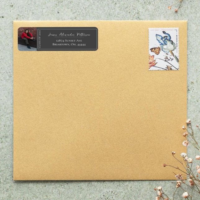 Minimalistiskt foto Studenten | GRÅTT ADRESS Returadress Etikett (Gray Minimalist Photo Graduation Address Label)