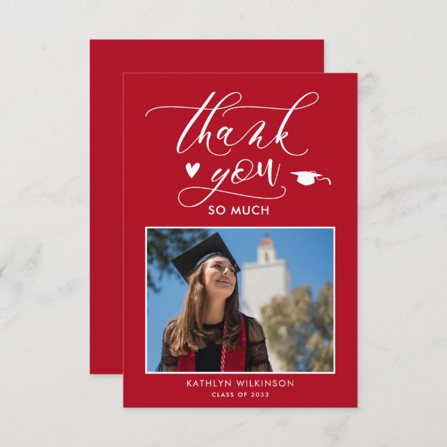 Minimalistiskt foto Studenten i Red Elegant Script Tack Kort (Fram/baksida)
