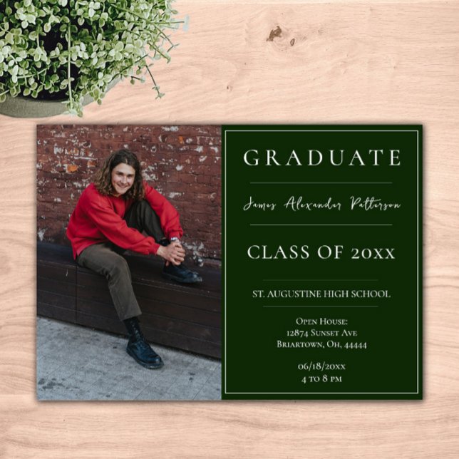 Minimalistiskt Foto Studenten Open House | Emerald Inbjudningar (Emerald Green Minimalist Photo Graduation Open House Invitation)