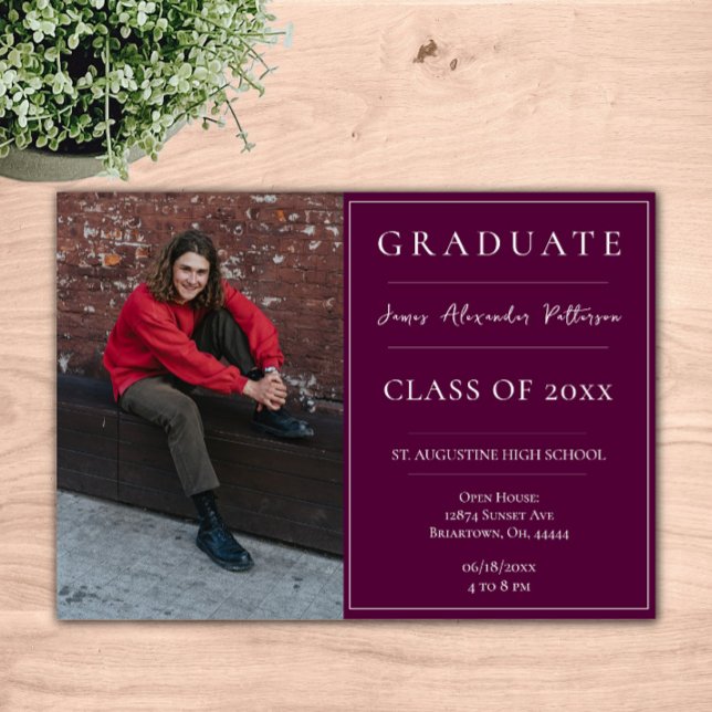 Minimalistiskt Foto Studenten Open House | MAGENTA Inbjudningar (Magenta Minimalist Photo Graduation Open House Invitation)