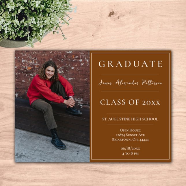 Minimalistiskt Foto Studenten Open House | ORANGE Inbjudningar (Burnt Orange Minimalist Photo Graduation Open House Invitation)