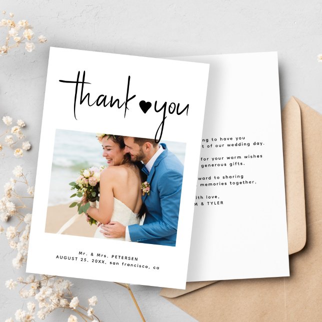 Minimalistiskt fotomodernt skript enkelt bröllop tack kort (Skapare uppladdad)