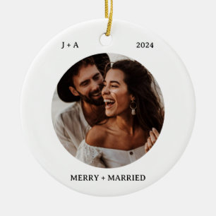Minimalistiskt fotonamn   Merry & Married Photo Julgransprydnad Keramik