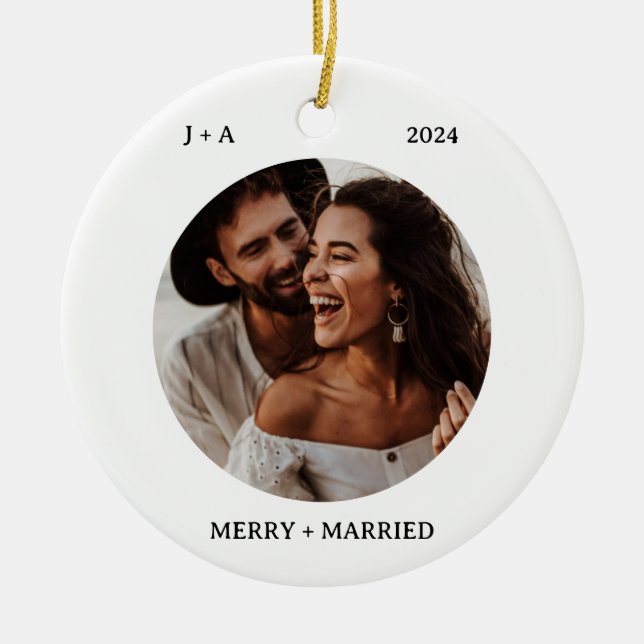 Minimalistiskt fotonamn | Merry & Married Photo Julgransprydnad Keramik (Framsidan)