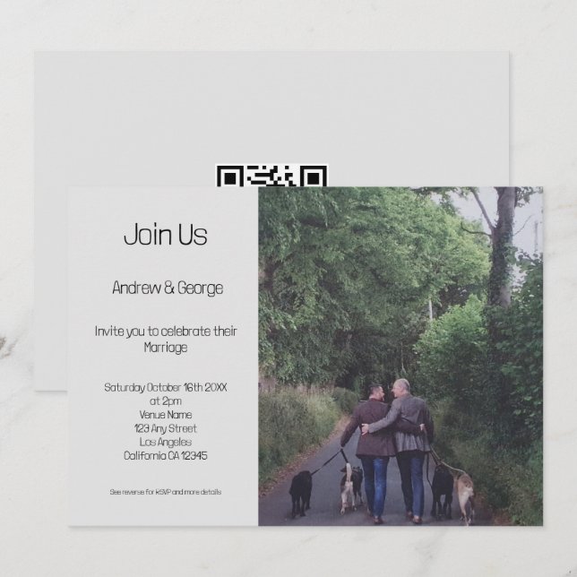 Minimalistiskt Gay LGBGQ QR-kod Grått Bröllop Inbjudningar (Fram/baksida)