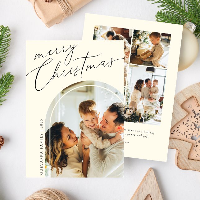 Minimalistiskt God jul-skript fem foto Beige Julkort (Skapare uppladdad)