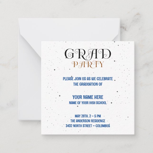 Minimalistiskt Grad Party Blue Black & White-skrip Anteckningskort (Framsida)