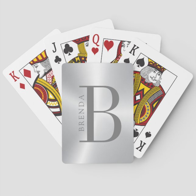 Minimalistiskt Grått Monogram och Namn på Silver Casinokort (Baksidan)