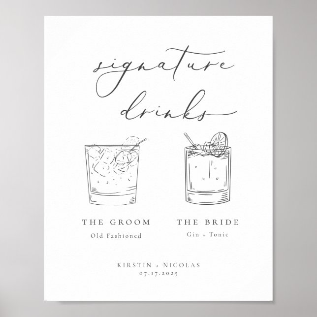 Minimalistiskt Grått Namnteckning Drinks Bröllop Poster (Framsidan)