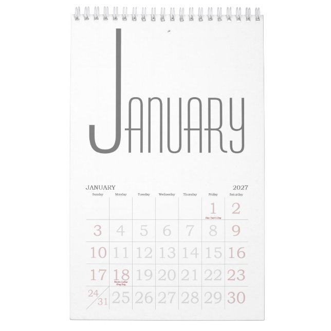 Minimalistiskt Grått och vitt Kalender (Jan 2027)