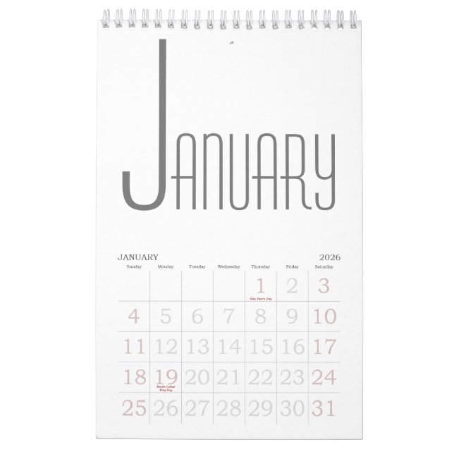 Minimalistiskt Grått och vitt Kalender (Jan 2026)