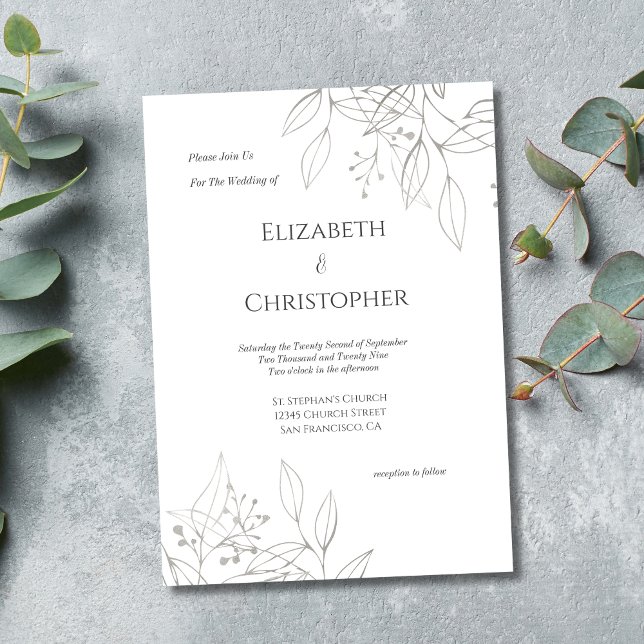 Minimalistiskt Grått Silver botaniskt Löv Bröllop Inbjudningar (Silver Gray leaves botanical floral elegant Wedding invitation. Printed or Digital instant download)