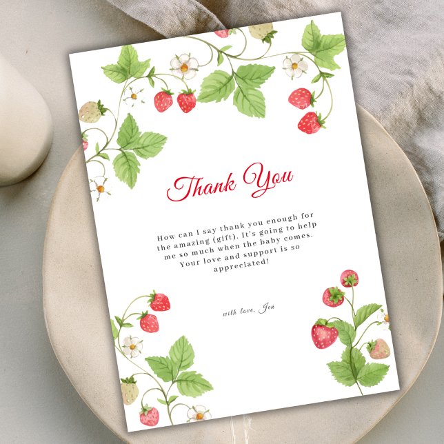 Minimalistiskt, grönt jordgubbsskuvel tack kort (Minimalist Sweet Greenery Strawberry Baby Shower Thank You Card)