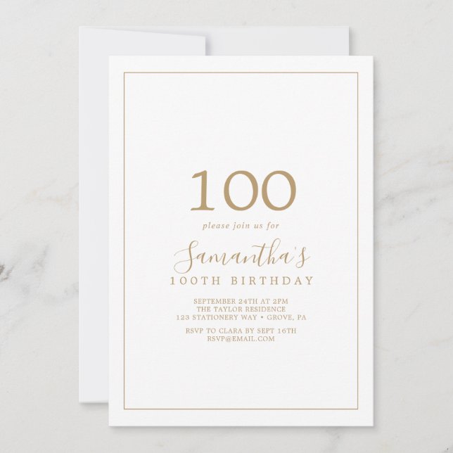 Minimalistiskt Guld 100:e födelsedag Inbjudningar (Framsida)