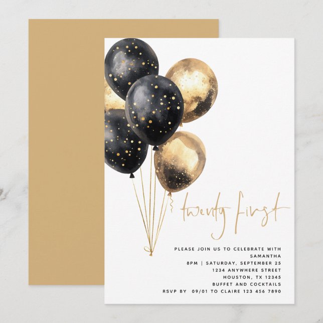 Minimalistiskt Guld Black Balloons 21:a Party Inbjudningar (Fram/baksida)