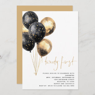 Minimalistiskt Guld Black Balloons 21:a Party Inbjudningar