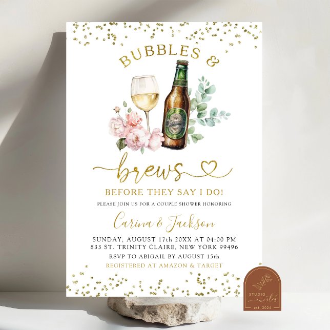 Minimalistiskt Guld-bubblor och Brews Par-dusch Inbjudningar (Skapare uppladdad)