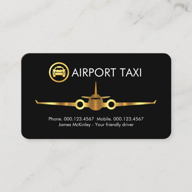 Minimalistiskt Guld Flygplan Flygplats Taxi Visitkort (Framsida)