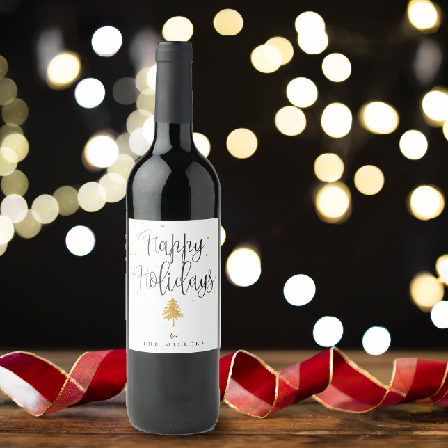 Minimalistiskt Guld Julgran Glad helg Vinflaska Etikett (Minimalist Gold Christmas Tree Happy Holidays Wine Label)