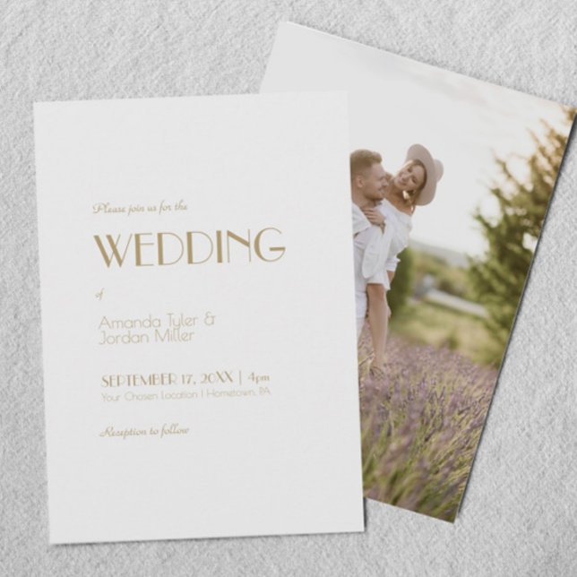 Minimalistiskt Guld Modern Art Deco Photo Bröllop Inbjudningar (Skapare uppladdad)