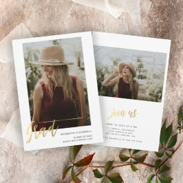 Minimalistiskt Guld Script 2-foto Studenten Inbjudningar