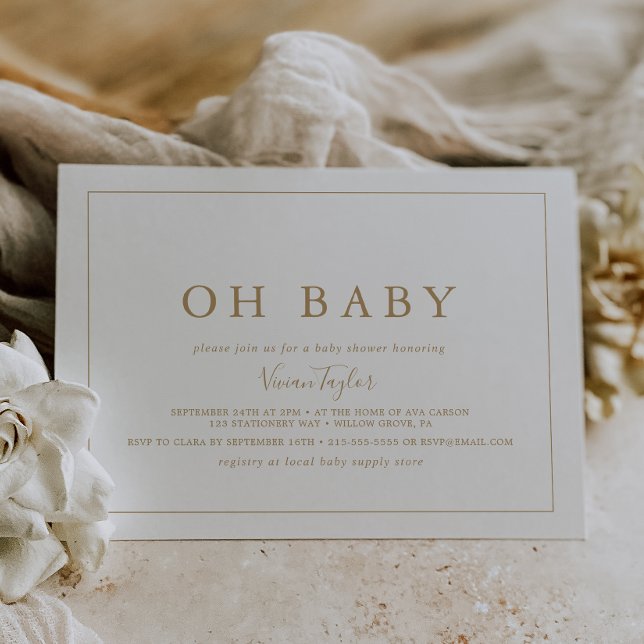 Minimalistiskt Guld Vågrät Oh Baby Baby Shower Inbjudningar (Skapare uppladdad)