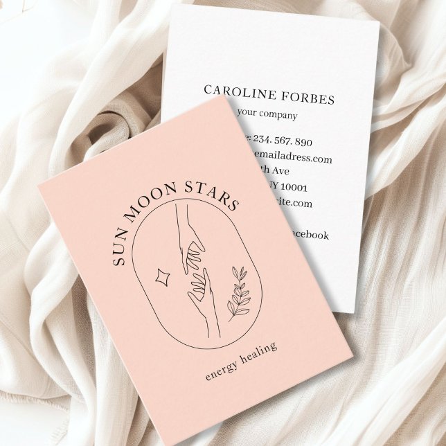 Minimalistiskt Händer, stjärnor, läder, konturkons Visitkort (Minimalistic, Hands, Star, Leafy Line Art, Peach Business Card)